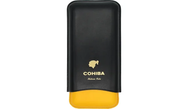 Estojo para charutos Cohiba em couro preto, amarelo e branco.