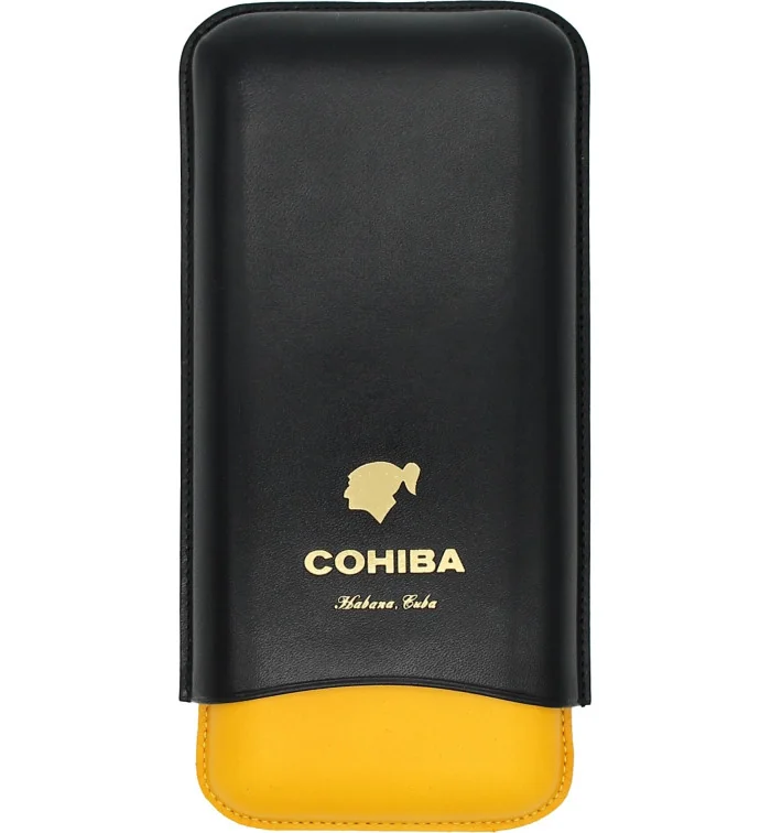 Estojo para charutos Cohiba em couro preto, amarelo e branco.